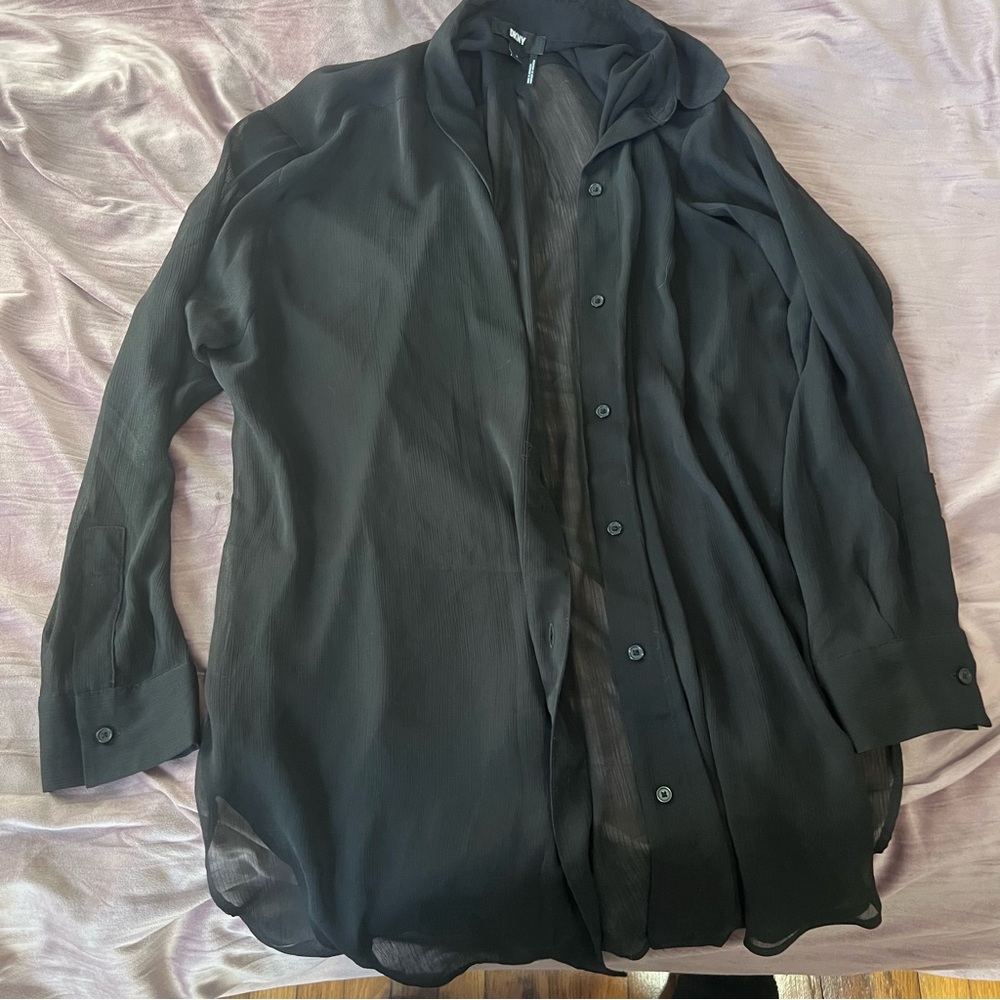 DKNY Black Sheer Button-Up Blouse oversized large goth layering shirt